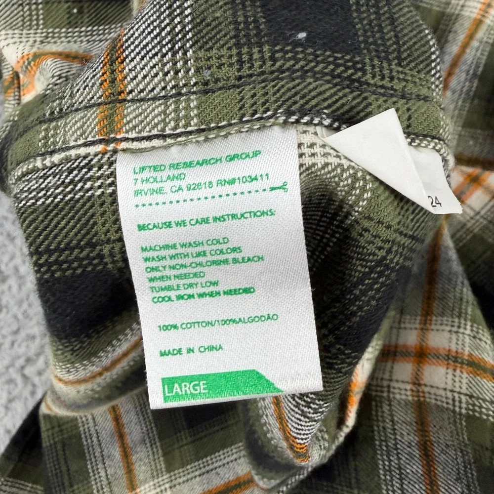 LRG‎ Lifted Research Group Shirt Mens L Green Plaid Flannel Buttoned Long Sleeve